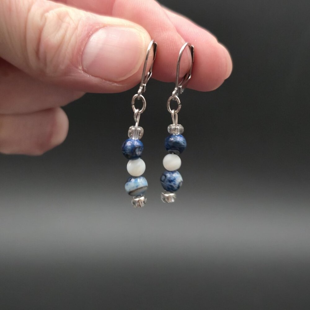 Silver Plated Sodalite And Agate Stone Earrings A6923